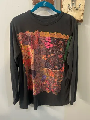 Natural Life “Life is Beautiful” Patchwork Print Long-sleeve Tee | Grey & Pink thumbnail 1
