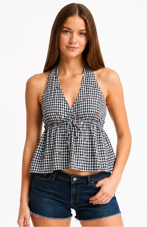 American Eagle Cherry Gingham Halter Peplum Top XS Embroidered Babydoll Y2K thumbnail 1