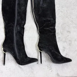 Ariz Suede Knee High Boots Glam Stiletto Pointed Toe Black Women Size 10 thumbnail 9