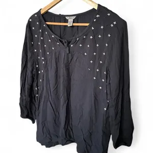 Peasant Blouse Navy Embroidered G.H. Bass Boho Cottagecore Large thumbnail 2