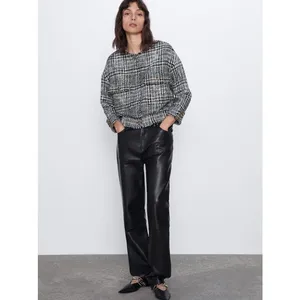 Zara Women's Black White Plaid Tweed Long Sleeve Crew Neck Coat Jacket Top S thumbnail 3