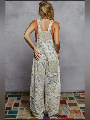 NWT POL Touch of Flowers Crochet Patch Overalls, Cream Floral Patchwork thumbnail 12