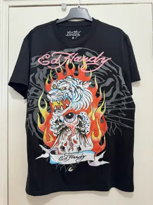 Ed Hardy Black Tiger Flames T-Shirt size S unisex thumbnail 1