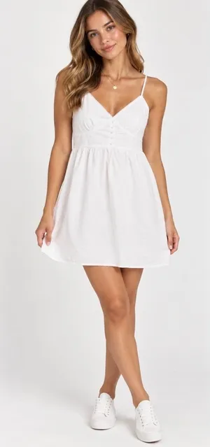 NWT Brandy Melville White Cotton Babydoll Mini Dress Lace Trim Button Front OS thumbnail 1