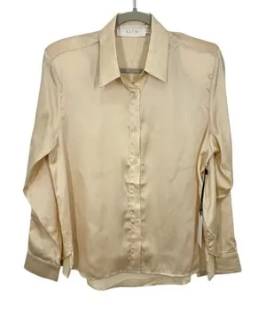 ASTR THE LABEL Cream Silk Satin Button Down Shirt Blouse Shoulder Pad Top XS NWT thumbnail 1