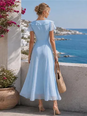 Rihoas Blue V Neck Ruffle Chiffon Maxi Dress thumbnail 4