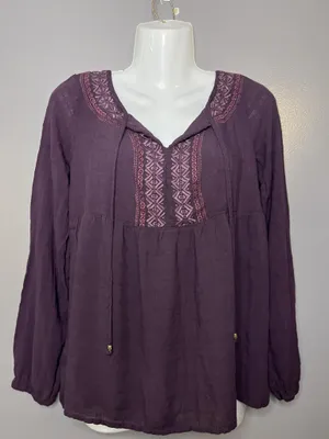 Sonoma Goods For Life Blouse Womens Medium Purple Embroidered Tunic Top Boho thumbnail 2