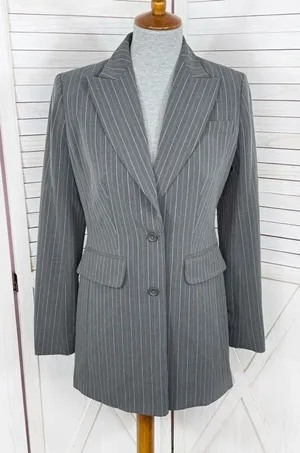 Vintage Moda International Pinstripe‎ Long Blazer Jacket Grey Pink 4 thumbnail 1