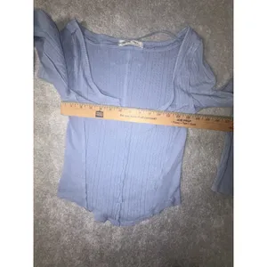 Free People We The Free XS Blue Pointelle Thermal Long Sleeve Raw Seam Top thumbnail 6
