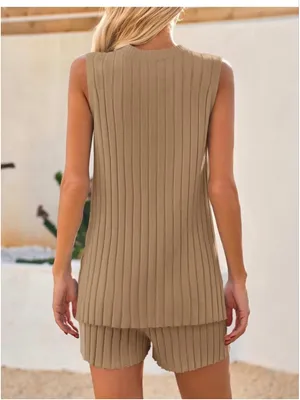 NEW 2 Piece Outfit Knit Sweater Sets Sleeveless Ribbed Tunic & Shorts M thumbnail 2