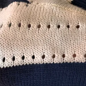 V Neck Striped Knit Sweater Cream Navy Blue‎ M Eyelet coastal fisherman nautical thumbnail 4