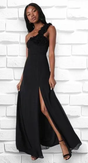 Lulu’s Women’s Size Large Elegant Invite Black Ruffled One-Shoulder Maxi Dress thumbnail 2