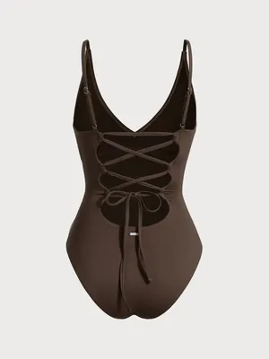 Berlook Dark Coffee V Neck Tummy Control One-Piece Swimsuit thumbnail 6