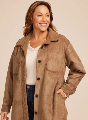Maurices Womens Brown Faux Suede Sherpa Lined Shacket Jacket Large L thumbnail 1