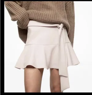 zara cream self tie belted waist ruffled hem skort thumbnail 1