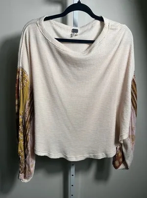 242. We The Free Free People Cream Thermal Boho Mixed Print Sleeve Top thumbnail 1