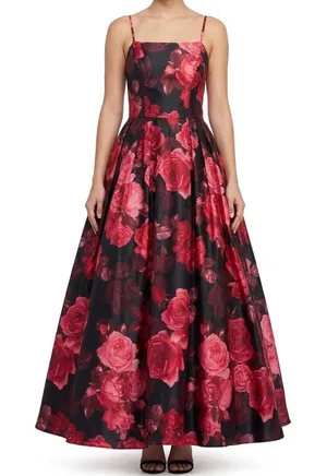 Betsy & Adam Floral Rose Satin Gown Black Red Lace Up A-Line Prom Formal Size 8 thumbnail 1