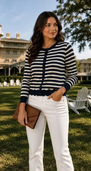 Crown & Ivy XS Navy Cream Stripe Cotton Scallop Hem Button Cardigan NWT thumbnail 1