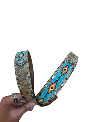Women’s Ariat hair on cowhide leather, turquoise beaded and rhinestone belt Medi thumbnail 3