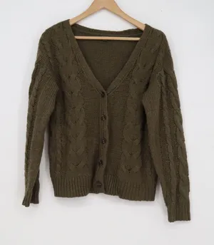Wild Fable Olive Green Cable Knit Button Front V-Neck Cardigan Sweater Womens S thumbnail 1