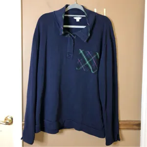 Crown & Ivy Harper‎ Long Sleeve Button Neck Pullover Plaid Pocket Navy Blue XL thumbnail 2