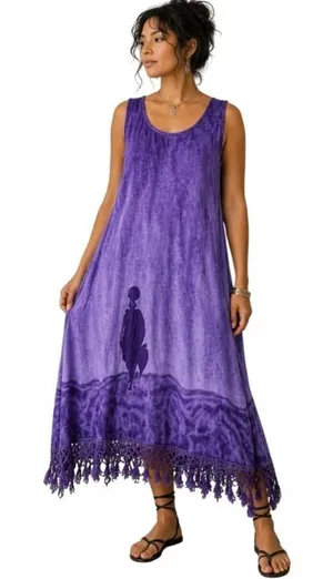 Vintage Magic Shift Dress Womens L Purple Abstract Print Fringe Hem Boho Artsy thumbnail 1