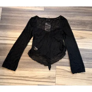 Cider Black Sheer Floral Lace Tie Front Long Bell Sleeve Festival Top Small thumbnail 7