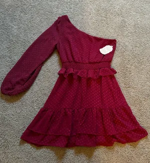 Altar’d State One Shoulder Burgundy Mini Dress Textured Clip Dot Fabric Sz S NWT thumbnail 1