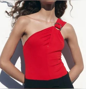 NWT ZARA Red Cross Strap Bodysuit with Silver Ring Hardware thumbnail 1