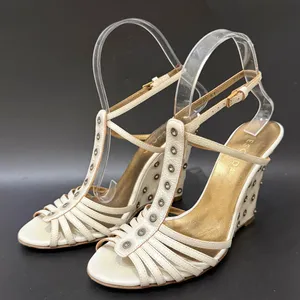 ESCADA Ivory White Leather Crystal Studded T-Strap Wedge Sandals Size 37 1/2 thumbnail 1