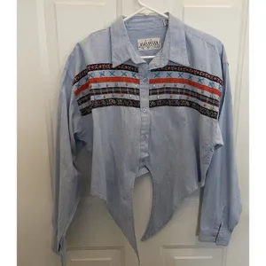 Electrify Chambray Beaded Ribbon Appliqué Cropped Knot‎ Front Top Womens L Boho thumbnail 2