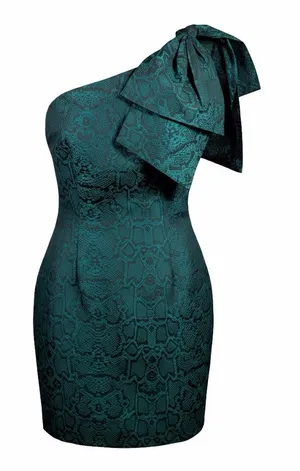 NWT WNTRMSE Green & Black Henna Dress Jacquard One Shoulder Bow Accent,‎ Size 2 thumbnail 1