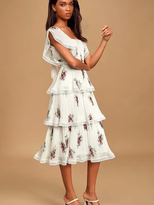 Lulus Thriving Romance White Floral Print Tiered Midi Dress $92 XS Coquette Chic thumbnail 8