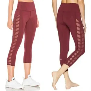 Alo Yoga Interlace‎ High-Waist Leggings Small Burgundy Red Mesh Strappy Core thumbnail 7