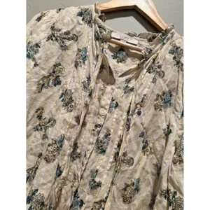 LOFT Floral Bouquet Ruffle Neck Button‎ Front Cotton Blouse Large Peasant Boho thumbnail 3