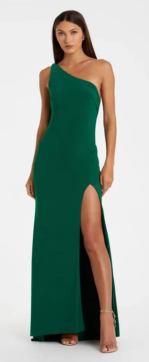 Ieena for Mac Duggal Jersey One Shoulder Draped Back Gown Dress Emerald Green 6 thumbnail 1