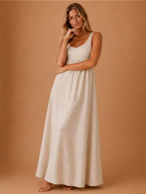 Zara Oatmeal Flowy Linen Lyocell Maxi Dress Smocked Back Sleeveless Boho Coastal thumbnail 9