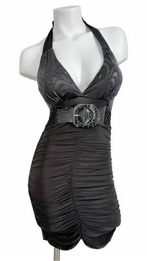 joyce leslie halter bodycon mini dress xxsmall deep-V y2k goth cyber 90s Vintage thumbnail 1