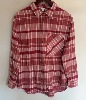 Aerie‎ Womens Red Pink Plaid Flannel Button Down Shirt Oversized Medium thumbnail 1