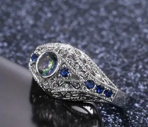 Luxury Retro 925 Silver Geometric Pattern Inlaid Ring Size 7 thumbnail 3