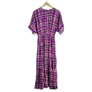Entro Abstract Plaid Tiered Maxi Dress Purple Boho Flutter Sleeve Size S thumbnail 4