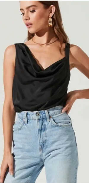 [ASTR] Black Satin Asymmetrical Sleeveless Draped Cowl Neck Bodysuit Sz Medium M thumbnail 1
