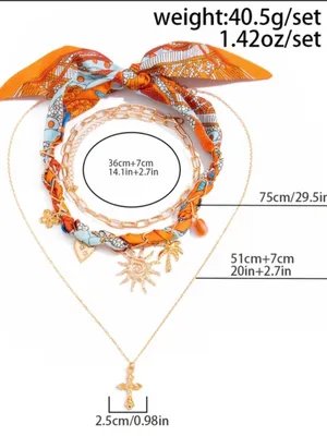 ☀️BOGOHO☀️Layered Sun & Cross Necklace Set with Orange & Blue Scarf Accent thumbnail 4