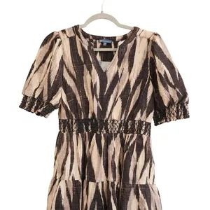 Democracy Women's Petite‎ Ikat Print Tiered Midi Dress Smocked Waist Summer thumbnail 2