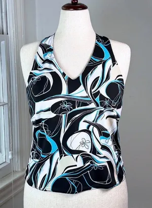 Y2K Vintage Halter Top Blue Black Floral Abstract Swirls Small McBling Going Out thumbnail 1