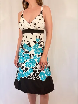 Polka Dot White Brown and Blue Floral Knee Length Y2K Dress thumbnail 2