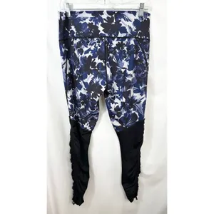Fabletics XL Leggings High Waisted Blue Floral Print‎ Black Contrast Ruched 1036 thumbnail 4