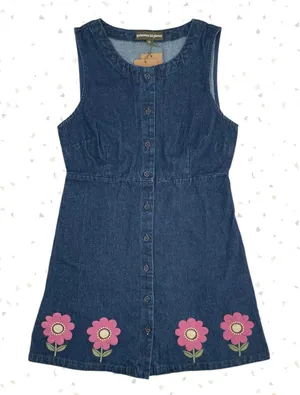 Princess Highway Denim Fiona Pinny Dress Pink Flowers Embroidered AU Size 10 NEW thumbnail 1