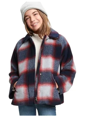 Gap Plaid Wool Blend Swing Coat Girls XXL Navy Red Grey Zip Snap Jacket New thumbnail 1