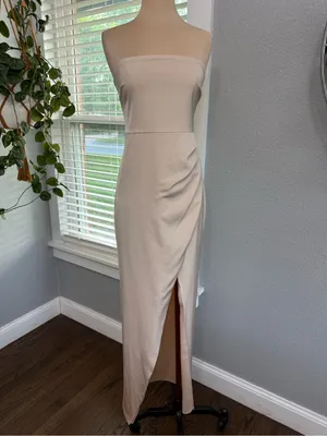 NBD Lucilda Strapless Satin Gown Size Small High Slit in Champagne thumbnail 3